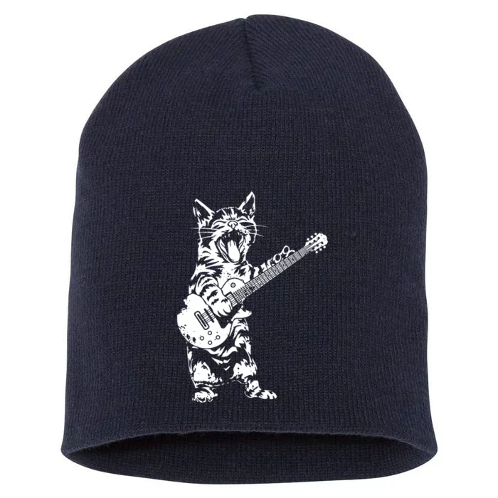 Cat Rocker Funny Kitty Plays Guitar Rockstar Cats Guitarist Short Acrylic Beanie