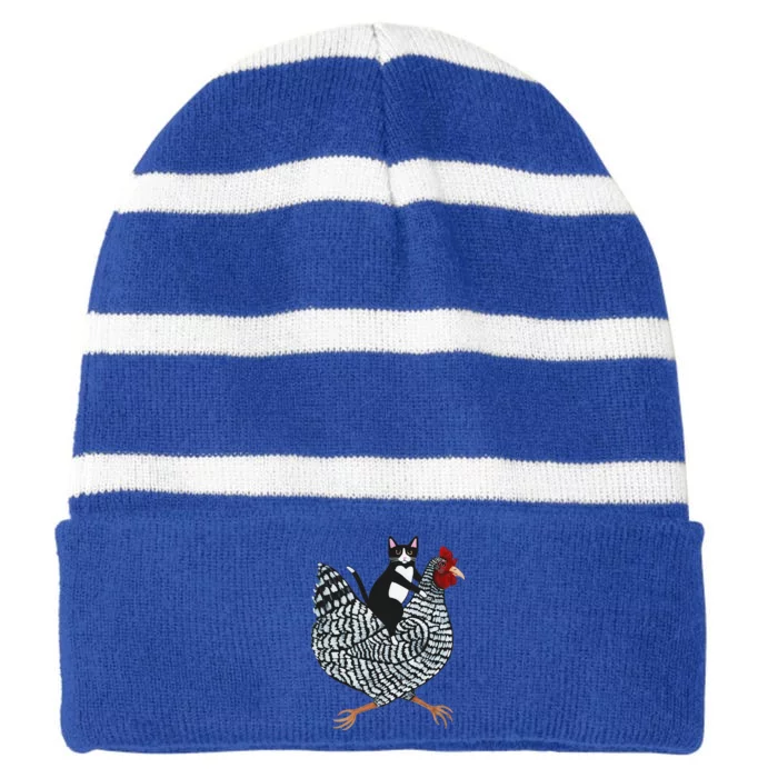 Cat Riding Funny Chicken Tuxedo Cat On A Chicken Lover Striped Beanie with Solid Band