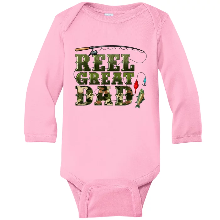 Camouflage Reel Great Dad Fishing Happy Fathers Day Baby Long Sleeve Bodysuit