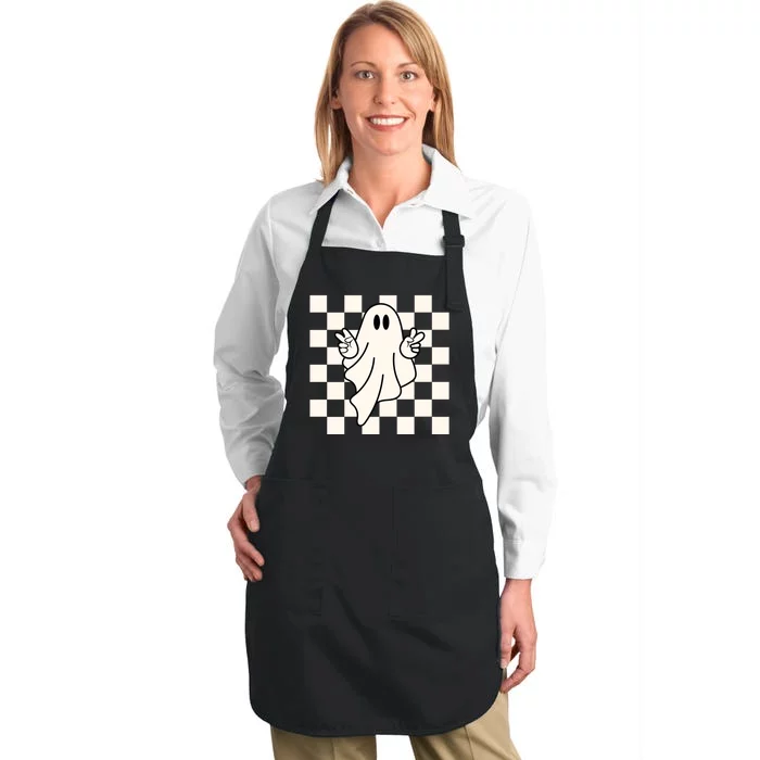 Cute Retro Ghost Peace Sign Halloween Full-Length Apron With Pocket