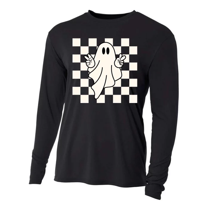 Cute Retro Ghost Peace Sign Halloween Cooling Performance Long Sleeve Crew