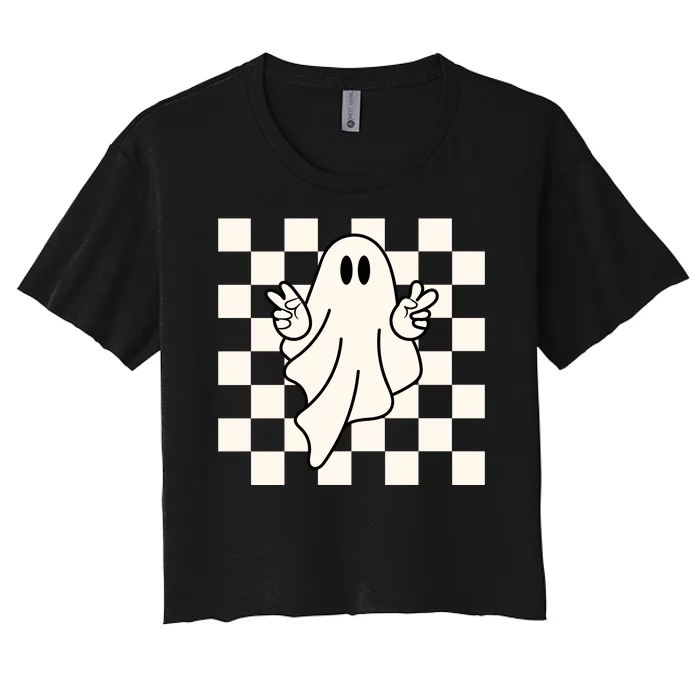 Cute Retro Ghost Peace Sign Halloween Women's Crop Top Tee