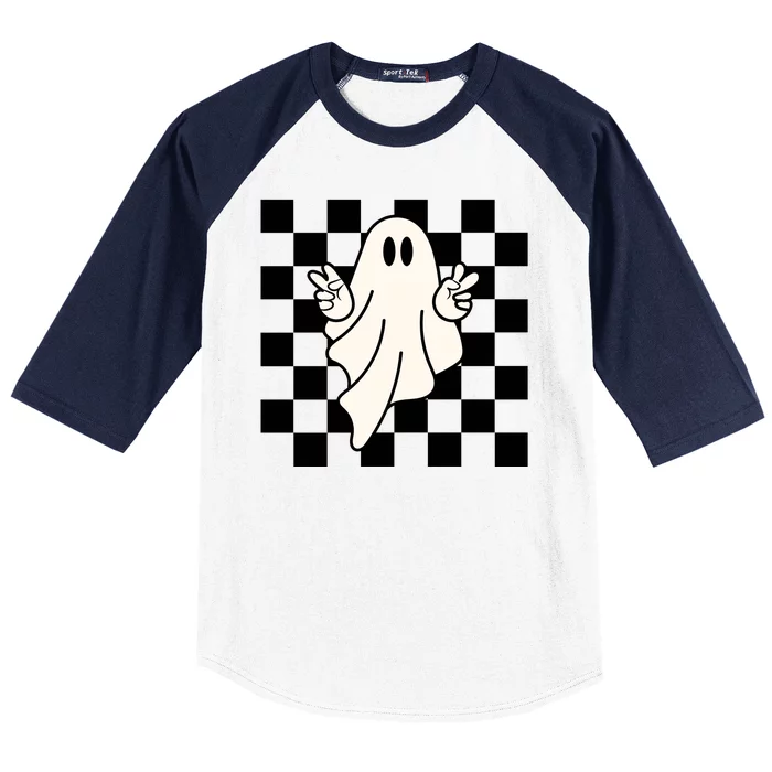 Cute Retro Ghost Peace Sign Halloween Baseball Sleeve Shirt