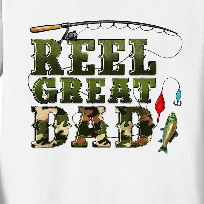 Camouflage Reel Great Dad Fishing Happy Fathers Day Kids Long Sleeve Shirt