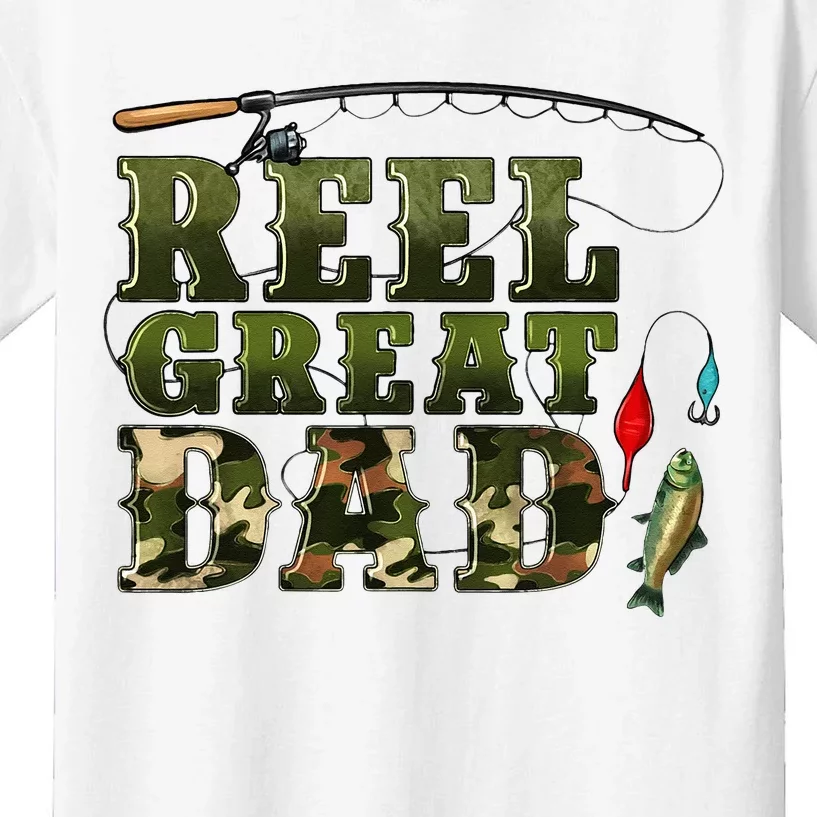 Camouflage Reel Great Dad Fishing Happy Fathers Day Kids T-Shirt