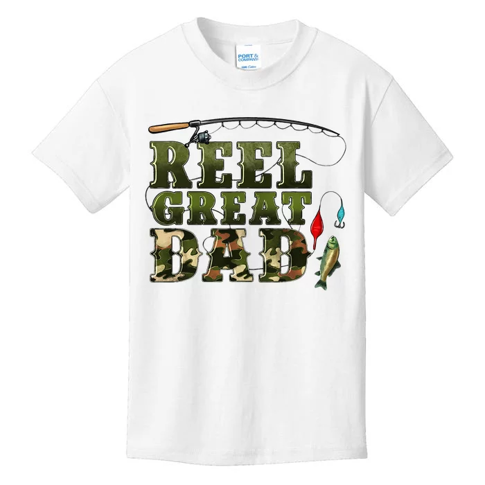 Camouflage Reel Great Dad Fishing Happy Fathers Day Kids T-Shirt