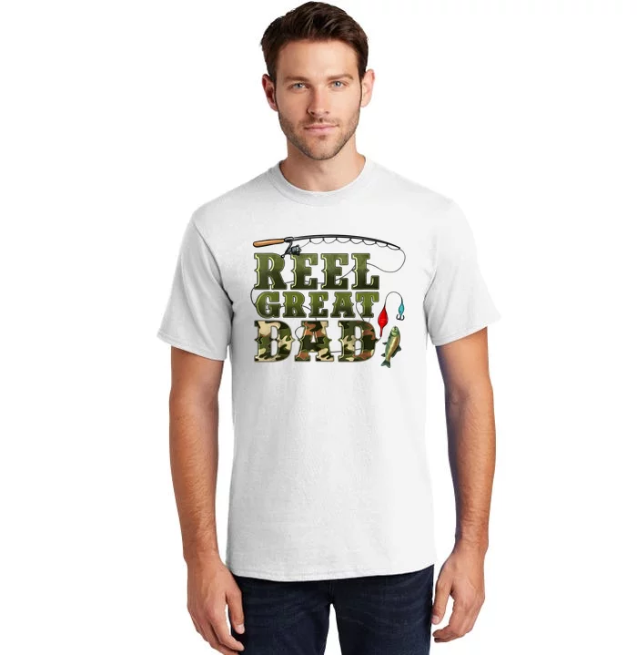 Camouflage Reel Great Dad Fishing Happy Fathers Day Tall T-Shirt