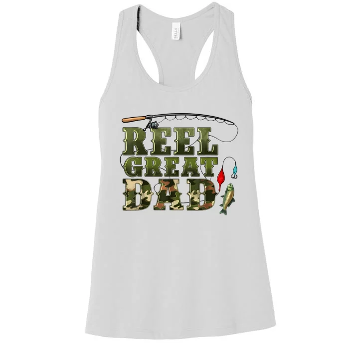 Camouflage Reel Great Dad Fishing Happy Fathers Day Women's Racerback Tank