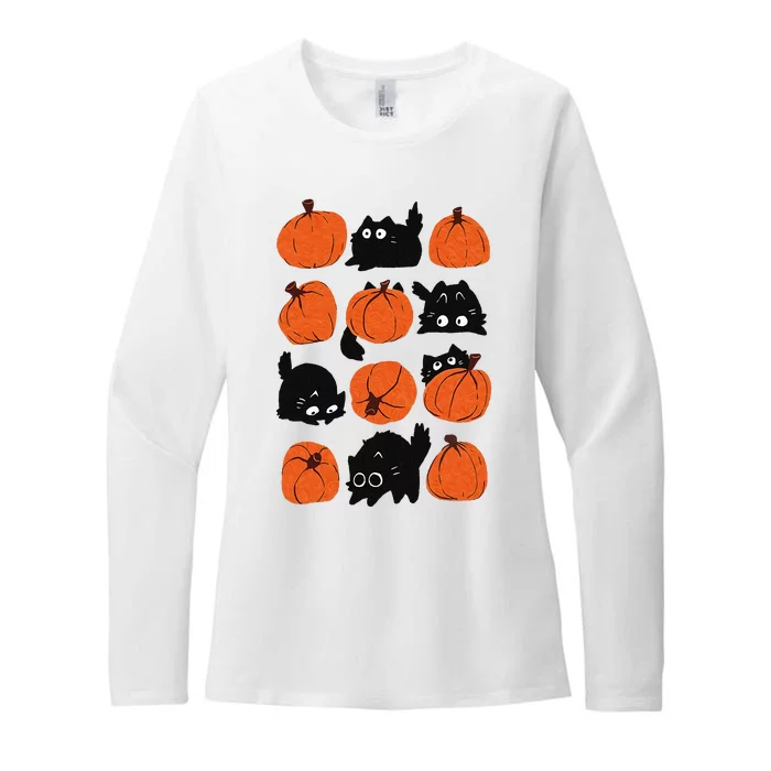 Cats Retro Groovy Pumpkin Halloween Thanksgiving Womens CVC Long Sleeve Shirt