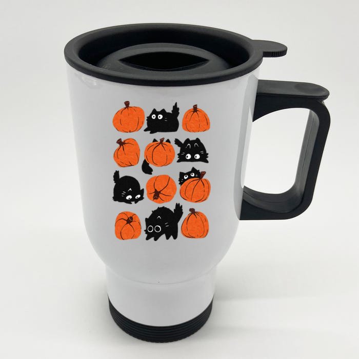 Cats Retro Groovy Pumpkin Halloween Thanksgiving Front & Back Stainless Steel Travel Mug