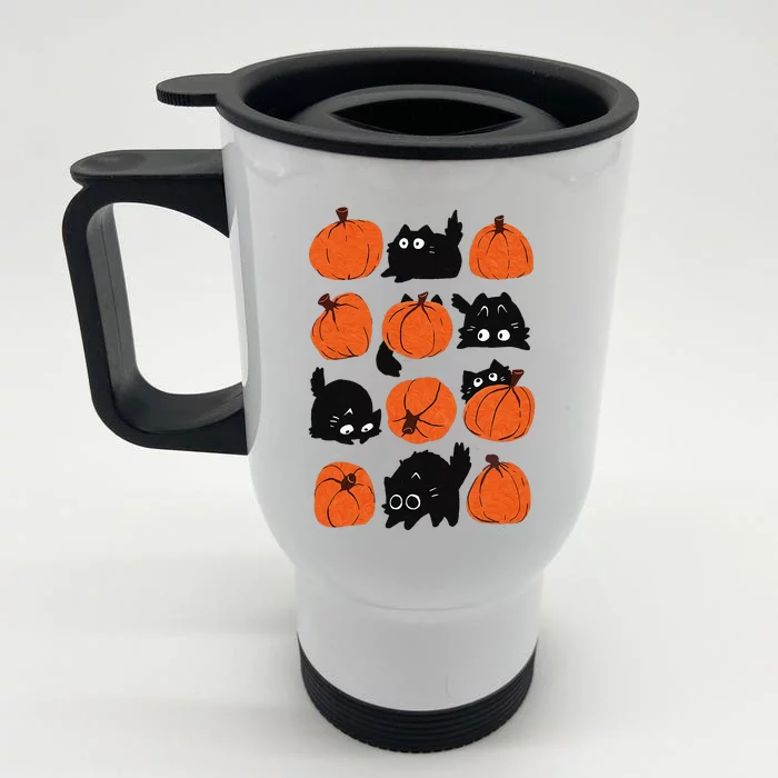 Cats Retro Groovy Pumpkin Halloween Thanksgiving Front & Back Stainless Steel Travel Mug