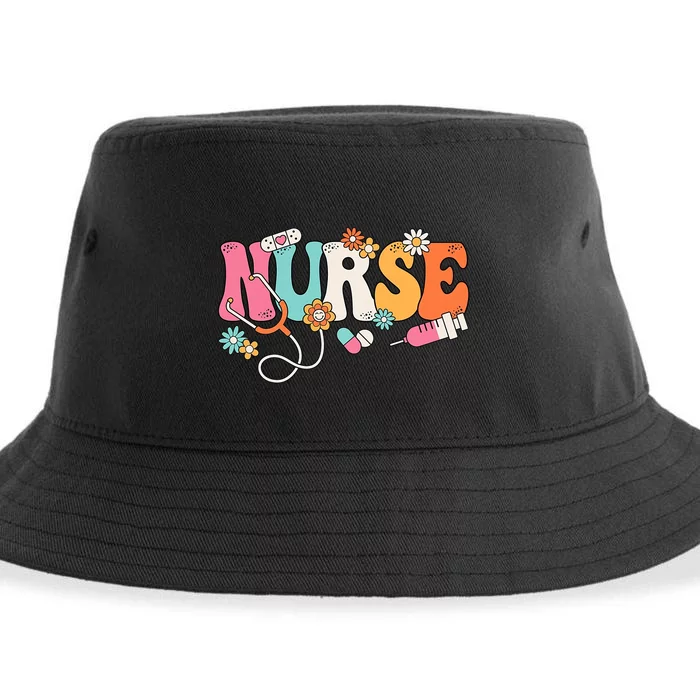 Cute Retro Groovy Nurse Flower Nursing Sustainable Bucket Hat