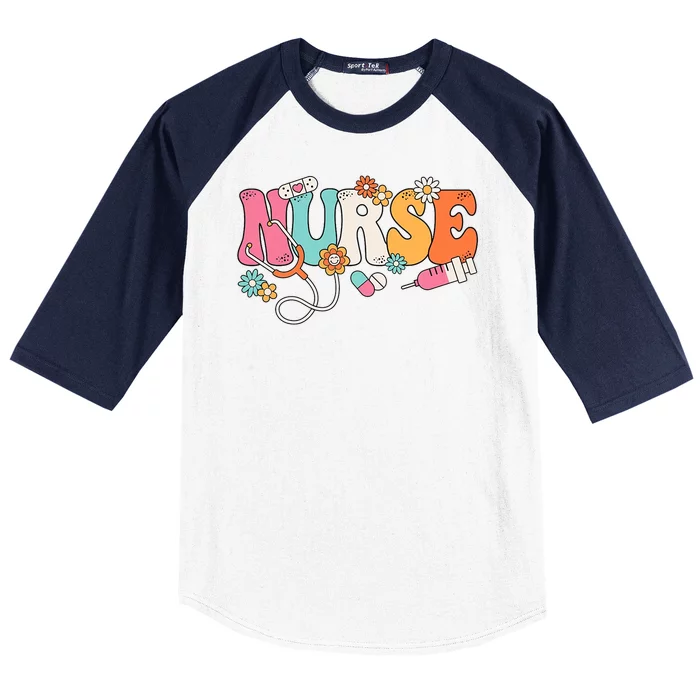 Cute Retro Groovy Nurse Flower Nursing Baseball Sleeve Shirt