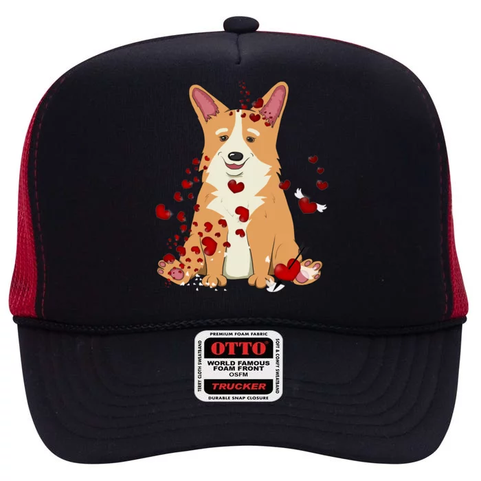 Corgi Red Hearts Funny Dog Mom Valentines Day Corgi Lover Gift High Crown Mesh Trucker Hat