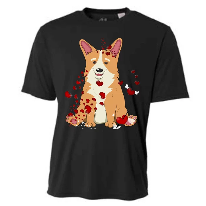 Corgi Red Hearts Funny Dog Mom Valentines Day Corgi Lover Gift Cooling Performance Crew T-Shirt