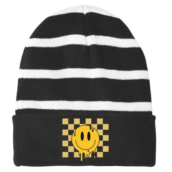 Cute Retro Happy Face Checkered Pattern Yellow Melting Face Striped Beanie with Solid Band