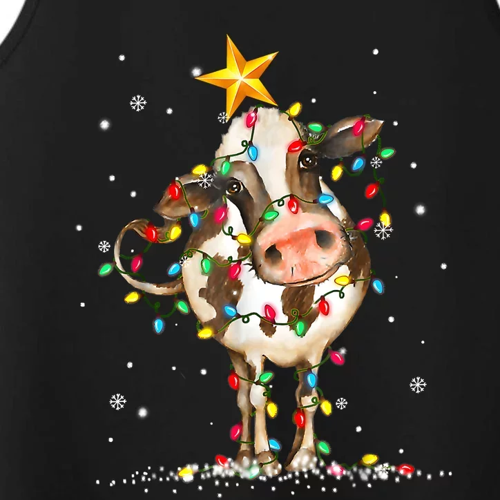 Cow Reindeer Hat Santa Christmas Lights Funny Cow Christmas Performance Tank