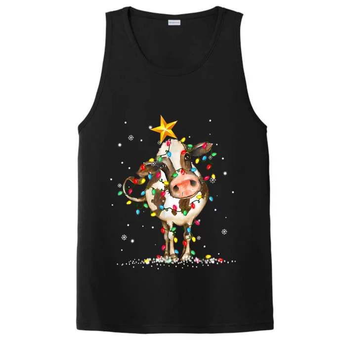 Cow Reindeer Hat Santa Christmas Lights Funny Cow Christmas Performance Tank