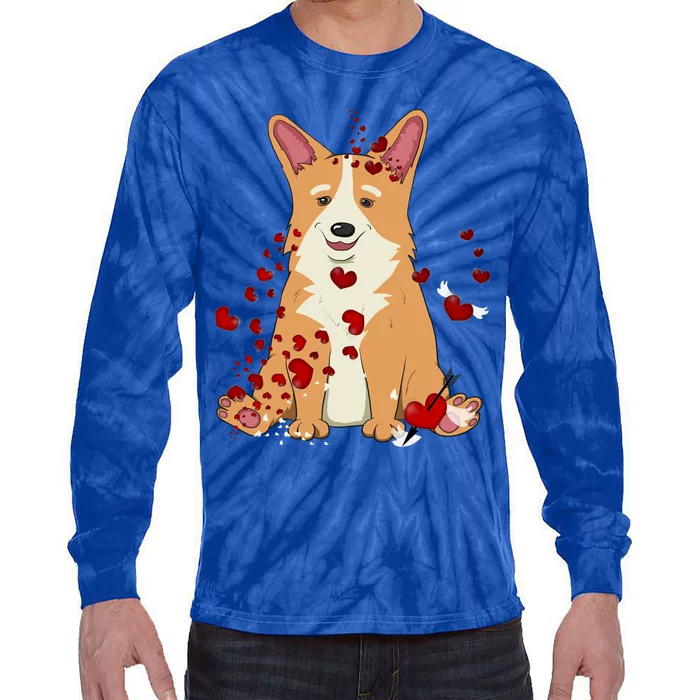 Corgi Red Hearts Funny Dog Mom Valentines Day Corgi Lover Gift Tie-Dye Long Sleeve Shirt