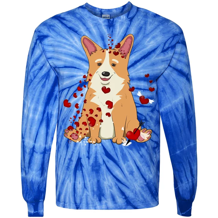 Corgi Red Hearts Funny Dog Mom Valentines Day Corgi Lover Gift Tie-Dye Long Sleeve Shirt