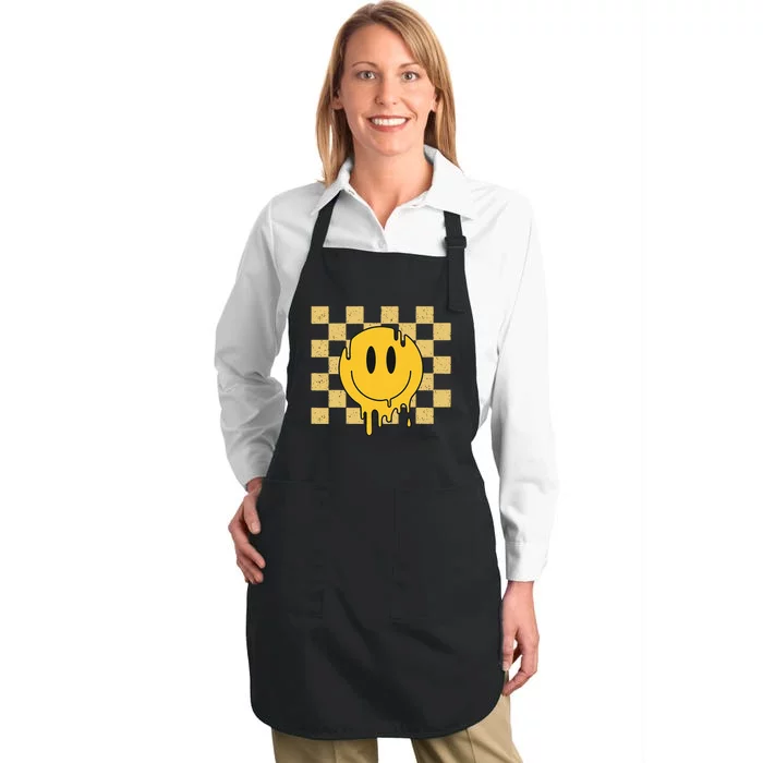 Cute Retro Happy Face Checkered Pattern Yellow Melting Face Full-Length Apron With Pocket