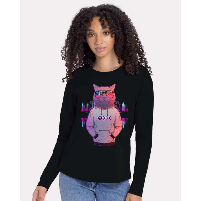 Cool Retro Hipster Hip Hop Music Cat Womens Cotton Relaxed Long Sleeve T-Shirt