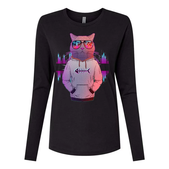 Cool Retro Hipster Hip Hop Music Cat Womens Cotton Relaxed Long Sleeve T-Shirt