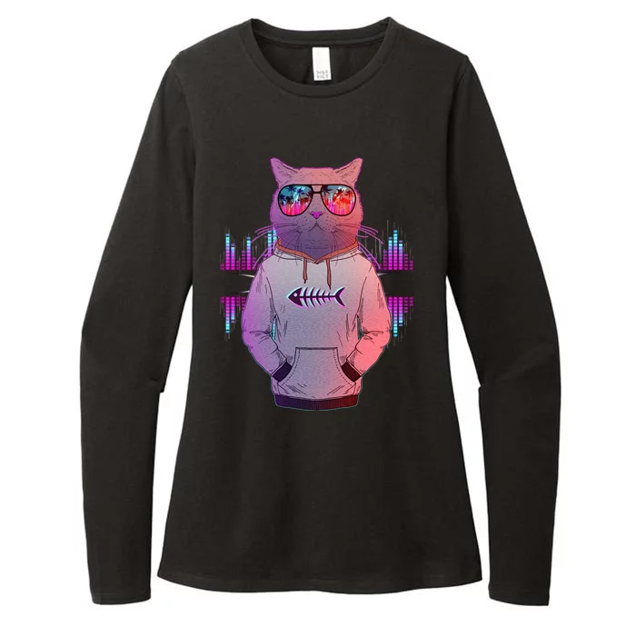 Cool Retro Hipster Hip Hop Music Cat Womens CVC Long Sleeve Shirt