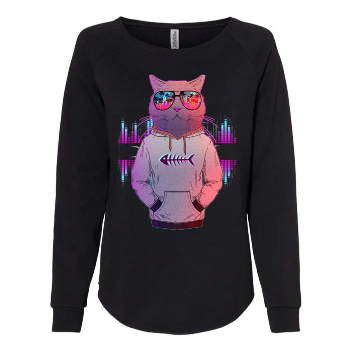 Cool Retro Hipster Hip Hop Music Cat Womens California Wash Sweatshirt