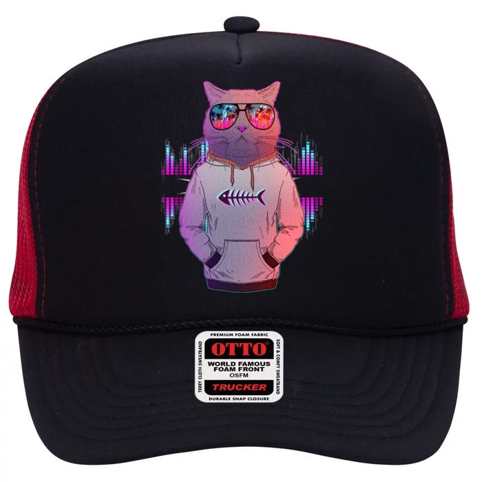 Cool Retro Hipster Hip Hop Music Cat High Crown Mesh Trucker Hat