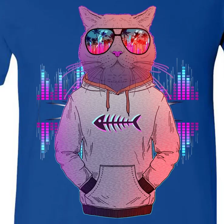 Cool Retro Hipster Hip Hop Music Cat V-Neck T-Shirt