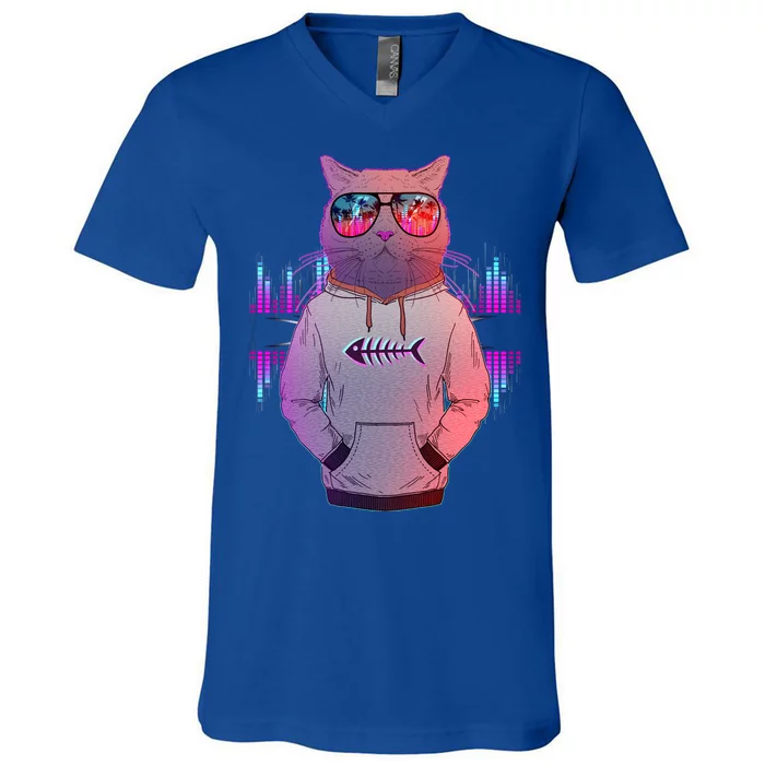 Cool Retro Hipster Hip Hop Music Cat V-Neck T-Shirt