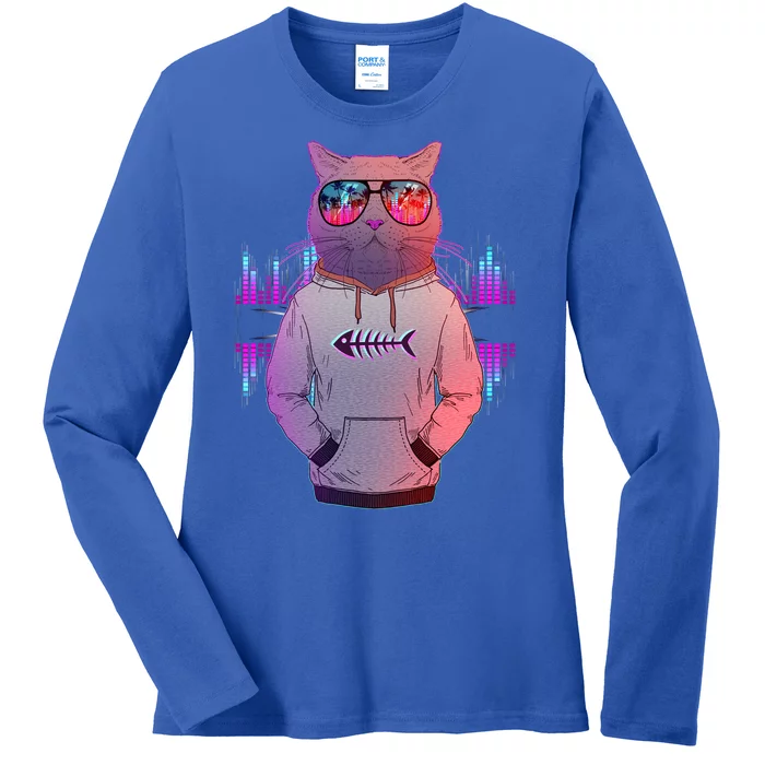 Cool Retro Hipster Hip Hop Music Cat Ladies Long Sleeve Shirt