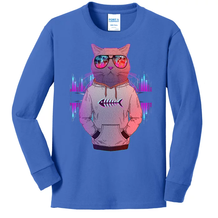 Cool Retro Hipster Hip Hop Music Cat Kids Long Sleeve Shirt