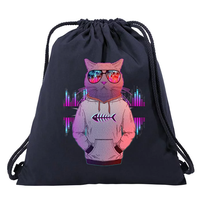 Cool Retro Hipster Hip Hop Music Cat Drawstring Bag