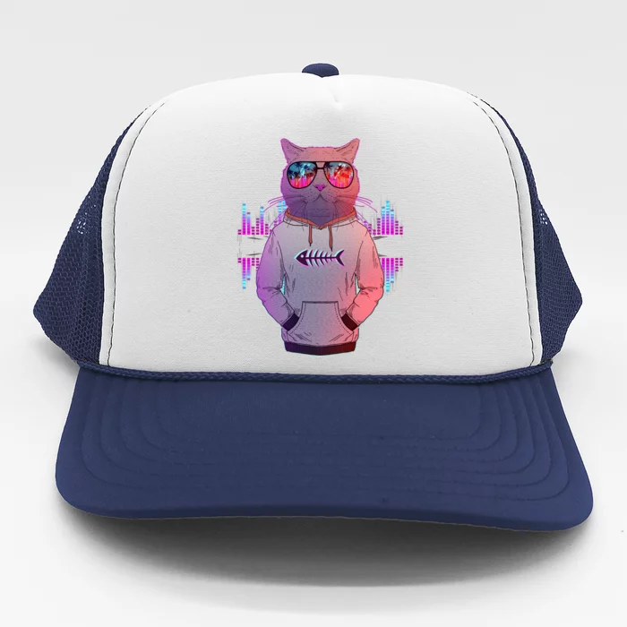 Cool Retro Hipster Hip Hop Music Cat Trucker Hat