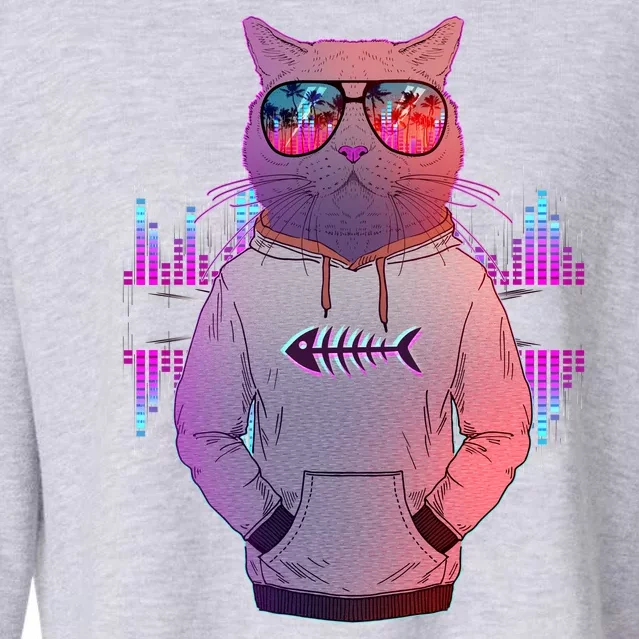 Cool Retro Hipster Hip Hop Music Cat Cropped Pullover Crew