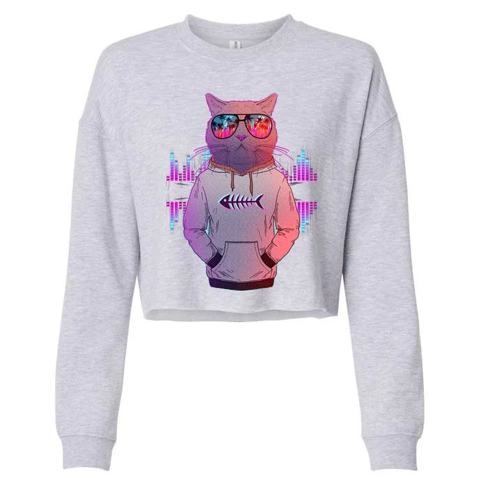 Cool Retro Hipster Hip Hop Music Cat Cropped Pullover Crew