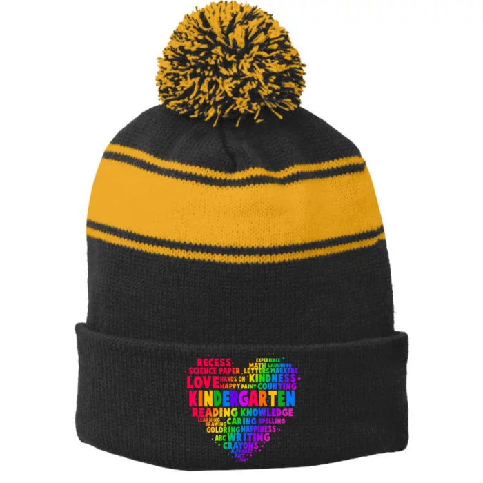 Cute Rainbow Heart Kindergarten Word Art Stripe Pom Pom Beanie