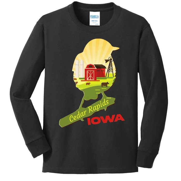 Cedar Rapids Iowa Farm Cows Barn Goldfinch Vacation Souvenir Kids Long Sleeve Shirt