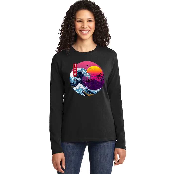 Cool Retro Japanese Sunset The Great Wave Off Kanagawa Ladies Long Sleeve Shirt