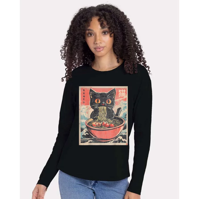 Cat Ramen Japanese Funny Graphic Tees Kawaii Cat Anime Gifts Womens Cotton Relaxed Long Sleeve T-Shirt