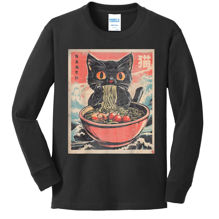 Cat Ramen Japanese Funny Graphic Tees Kawaii Cat Anime Gifts Kids Long Sleeve Shirt