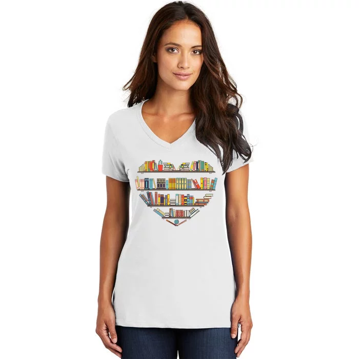 Cute Reading Library Books Lover Heart Librarian Gift Women's V-Neck T-Shirt