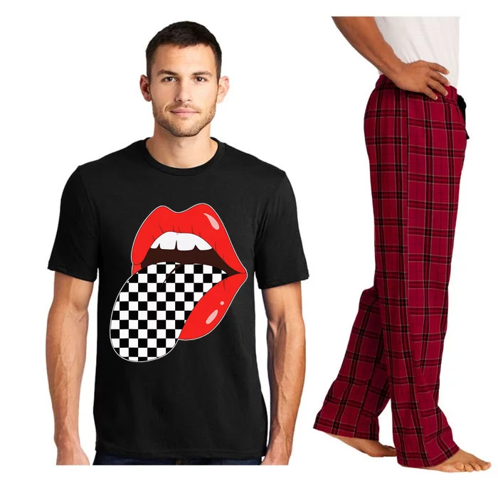 Checkerboard Red Lips Checkered Tongue Out Pajama Set