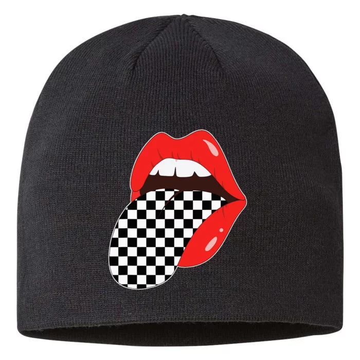 Checkerboard Red Lips Checkered Tongue Out 8 1/2in Sustainable Knit Beanie