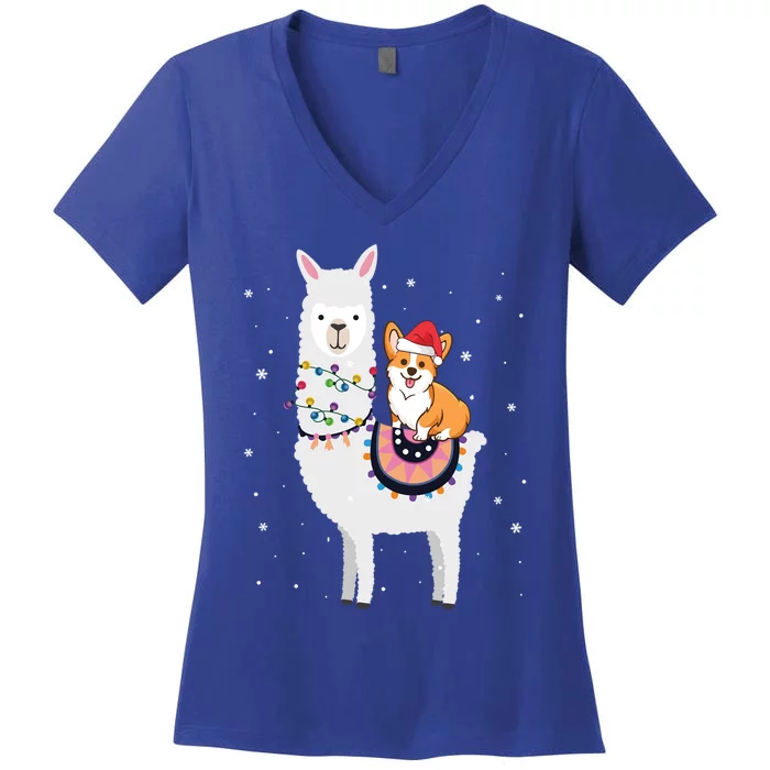 Corgi Riding Llama Christmas Pajama Corgi Dog Xmas Funny Gift Women's V-Neck T-Shirt