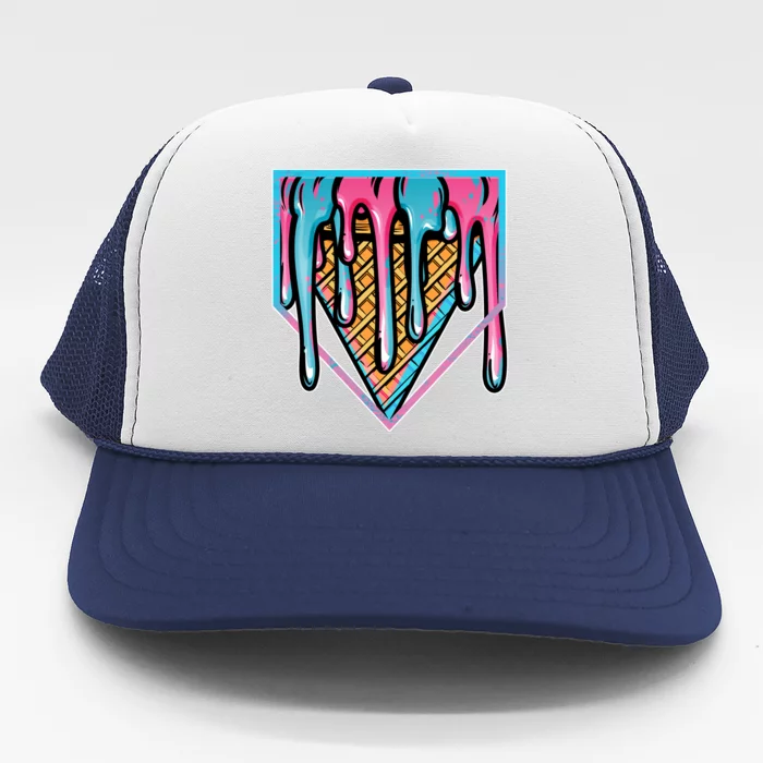 Cute Retro Melting Ice Cream Cone Baseball Home Plate Trucker Hat