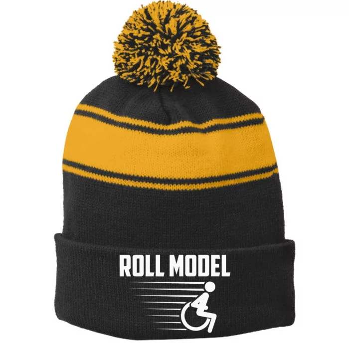 Cool Roll Model Funny Handicapped Person Wheelchair Stripe Pom Pom Beanie