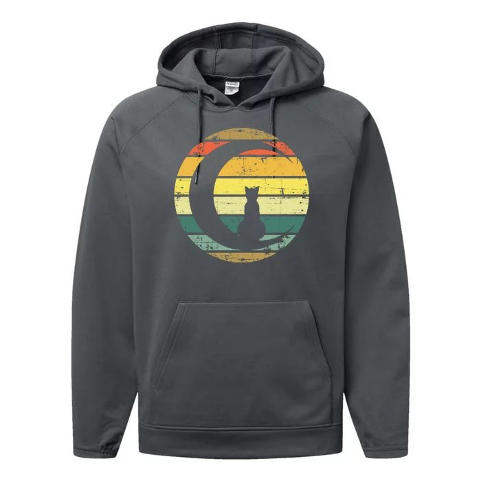 Cat Retro Moon Sunset Performance Fleece Hoodie